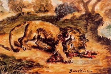 ジョルジョ・デ・キリコ Painting - 肉片を貪るライオン ジョルジョ・デ・キリコ 形而上学的シュルレアリスム